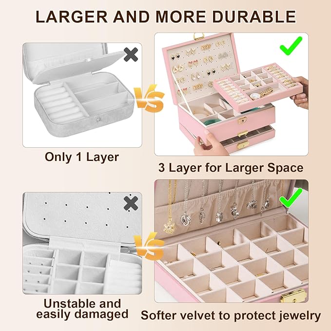 Yoobao Jewelry Box for Women, 3 Layer with Double Lock, Removable Tray, Jewelry Holder Organizers for Earrings Necklaces Rings Bracelets Watches, Ideal Present for Birthday Graduation Anniversary