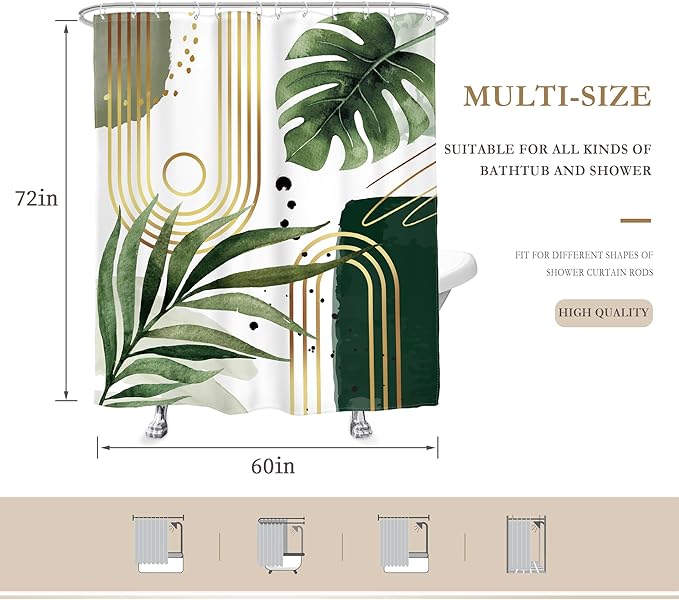 Glawry Green Gold Boho Mid Century Shower Curtain Abstract Tropical Plant Minimalist Modern Geometric Palm Leaf Arch Bathroom Simple 60Wx72L Inches Bath Accessories Art Home Decor Fabric 12 Pack Hooks
