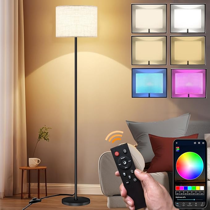 Smart LED Floor Lamp with APP Control & RGB Colors - Dimmable Standing Lamp for Living Room, Bedroom, Gaming - Remote, Timer, 9W Bulb Included, 60.6" Modern Tall Lamp (Beige)