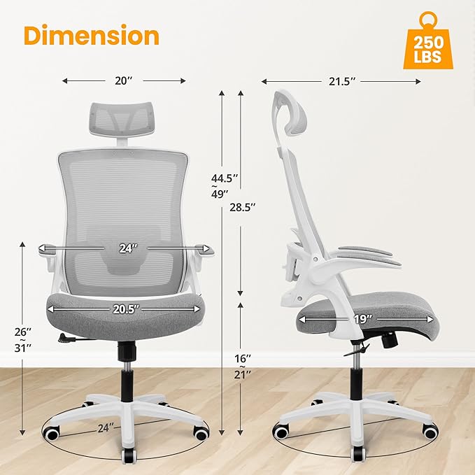NEO CHAIR Ergonomic Office Desk Chair High Back Computer Gaming Mesh Chair with Comfy Task Adjustable Arms Lumbar Support Headrest Swivel for Home Office (Grey)