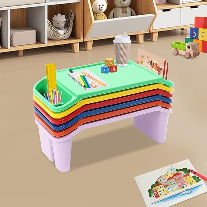 6 Pcs Kids Lap Desk Tray, Plastic Breakfast Lap Desk Trays with Side Pockets and Slot, Portable Lap Table Snack Tray for Eating, Writing, Drawing, Game, 19.69" L x 9.84" W x 7.1" H (6 Colors)