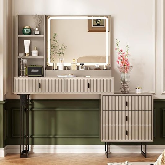 Large Vanity Desk with 3 Color Touch Screen Dimming Mirror, Vanity Desk with Charging Station, Modern Retractable Makeup Dressing Table, Makeup Table With storage shelves and 5 Sliding Drawers, Grey