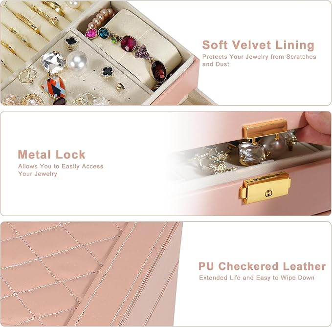 2-Layer Jewelry Box for women, jewelry organizers and storage with Removable Jewelry Tray, vintage quilted top Lockable Jewelry Holder Gift Idea Pink