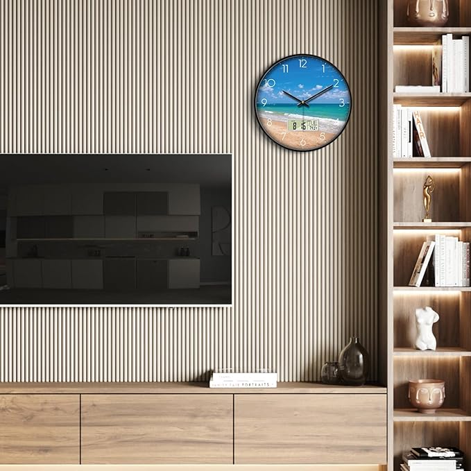 Modern Wall Clocks with Calendar and Date Ocean Wave Sea Beach Digital Clock Large Display Non-Ticking Kitchen Silent Clock with Day and Temperature for Elderly Farmhouse Living Room Bathroom 12 Inch