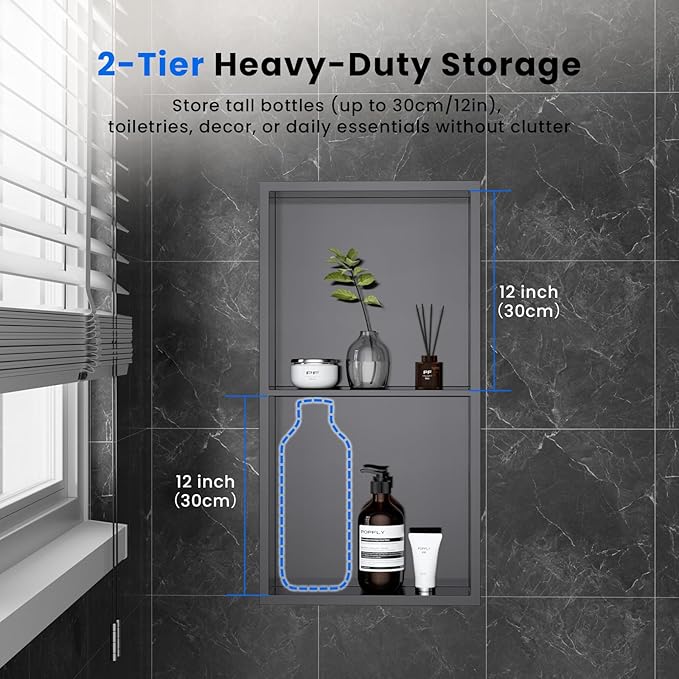 POPFLY 12"×24" Dark Grey Stainless Steel Shower Niche, Double Shelf Bathroom Insert Niche No Tile Ready Needed Recessed Two Tier Wall Niches for Shower