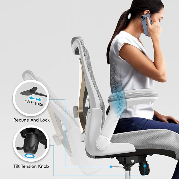 Ergonomic Office Chair-Computer PU Leather X-Shaped Desk Chair-Gaming Chair with Adjustable Flip-up Armrests Lumbar Support Mesh Executive Chair for Long Hours Office (Grey)