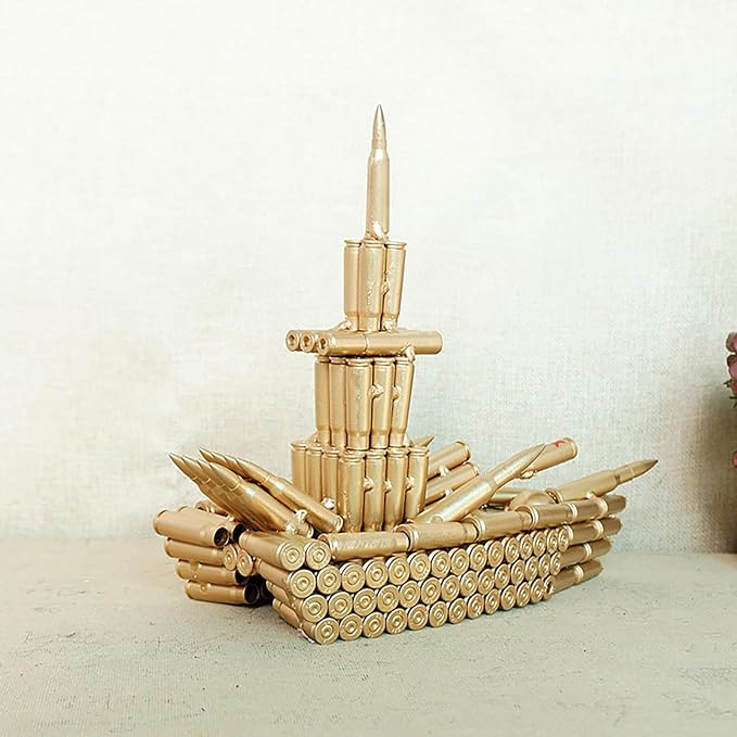 Bullet Shell Military Vehicle Sculptures - Handmade Tank, Airplane, Warship Metal Art Decor for Home, Office, Study Room for Men, Veterans (Warship Model)