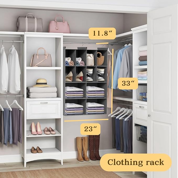 4 Tier Hanging Closet Organizer, 12 Compartments Sweater Organizer for Closet with 3 Sturdy Hooks, Closet Organizers and Storage, Wardrobe, Rv, Garment Rack, Grey