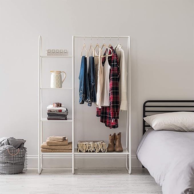 IRIS USA Clothes Rack, 4 Metal Shelves, Freestanding Clothing Stand For Hanging Clothes, Coat, Deco Plants, Easy Assemble, Metal Sturdy Garment Bar, Closet Wardrobe Small Space Storage, White