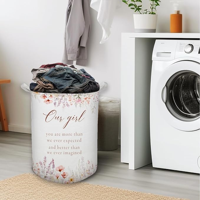 Baby Girl Laundry Basket, Boho Floral Wildflower Waterproof Collapsible Laundry Hamper Dirty Clothes Storage Toy Bin Organizer for Toddler Girls Room Nursery Bedroom Bathroom Kids Room