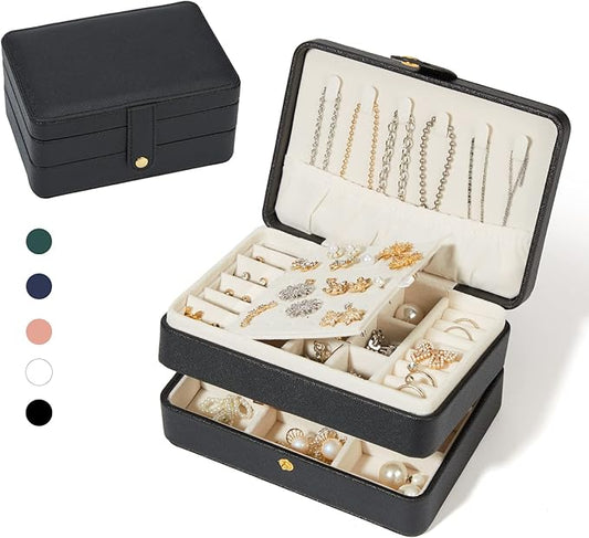 Travel Jewelry Organizer, PU Leather Small Jewelry Organizer for Women Girls, 2 Layers Portable Travel Jewelry Case for Stud Earrings, Rings, Necklaces, Bracelets(Black+Small)