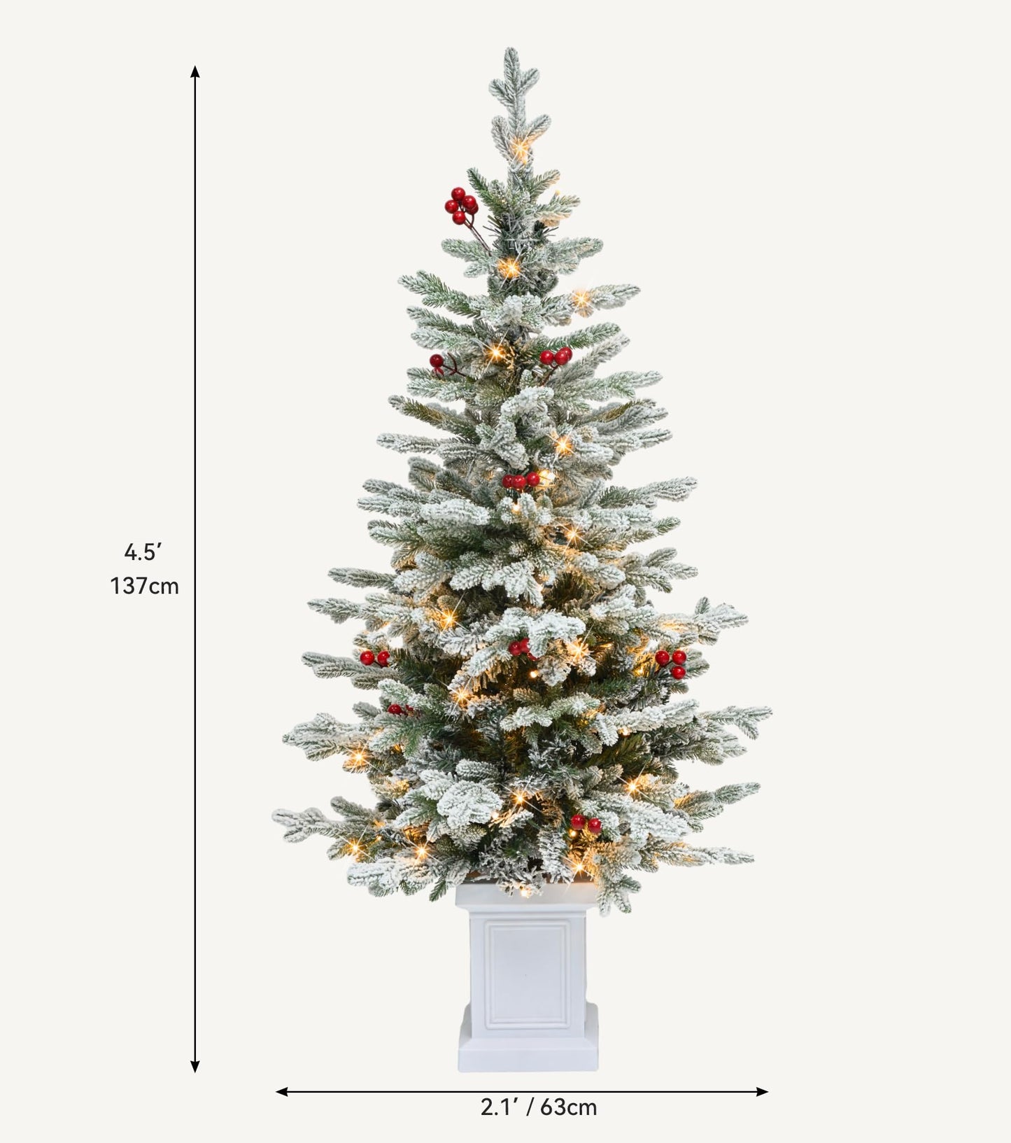 DWVO 4.5 FT Potted Slim Pre-lit Flocked Arctic Fir Pencil Tree, Potted Christmas Tree with 11 Red Hollies, 358 PE & PVC Branch Tips, and 100 Lights for Home and Office Decor