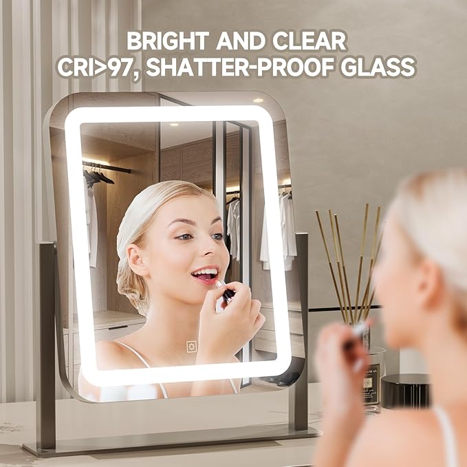 PRIMETEK Vanity Mirror with Lights, 16"x14" Large LED Lighted Makeup Mirror, Hollywood Makeup Mirror, Touch Screen, 3-Color Lighting, 5X Magnification, for Vanity Desk Tabletop, Bedroom, Black