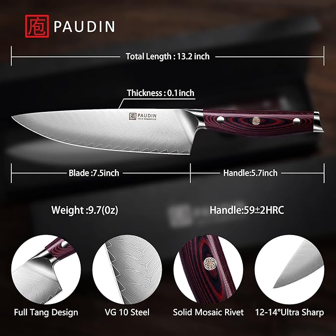 PAUDIN Damascus Chef Knife, 8 Inch Japanese High Carbon 67-layers VG10 Stainless Steel Kitchen Knife, Ultra Sharp Kitchen Knives with Full Tang Ergonomic G10 Handle for Kitchen and Restaurant