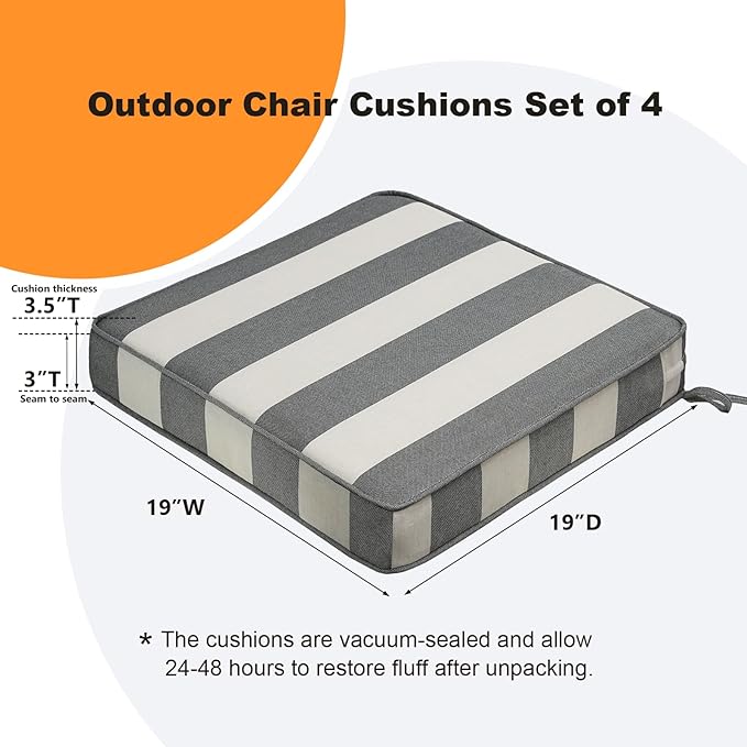 Square Corner Seat Cushions, 19" x 19" x 3", Set of 4, Indoor Outdoor Water Repellent Universal Chair Pads with Ties for Patio Furniture, Garden Deck Dining Chairs, Gray Stripe