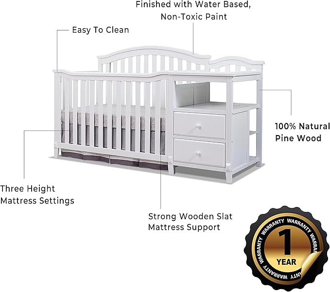 SORELLE FURNITURE Berkley Crib and Changer with Slat Panel Back Classic -in- Convertible Diaper Changing Table Non-Toxic Finish Wooden Baby Bed Toddler Childs Daybed Full-Size Nursery - White