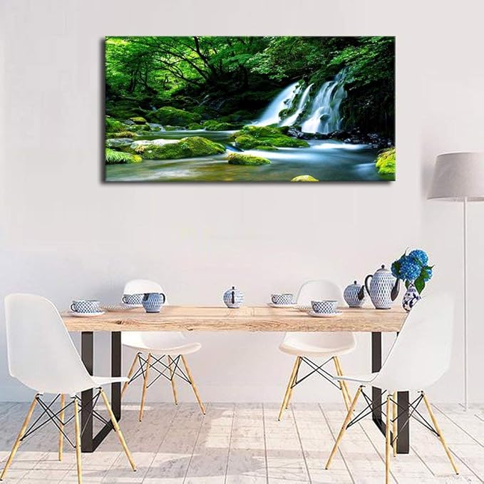 Waterfall Wall Art Large Living Room Decorations Landscape Canvas Art Nature Pictures Artwork Contemporary Wall Decor Green Trees Rivers Spring Tropic Forest for Kitchen Office Home Ready to Hang 20" x 40"