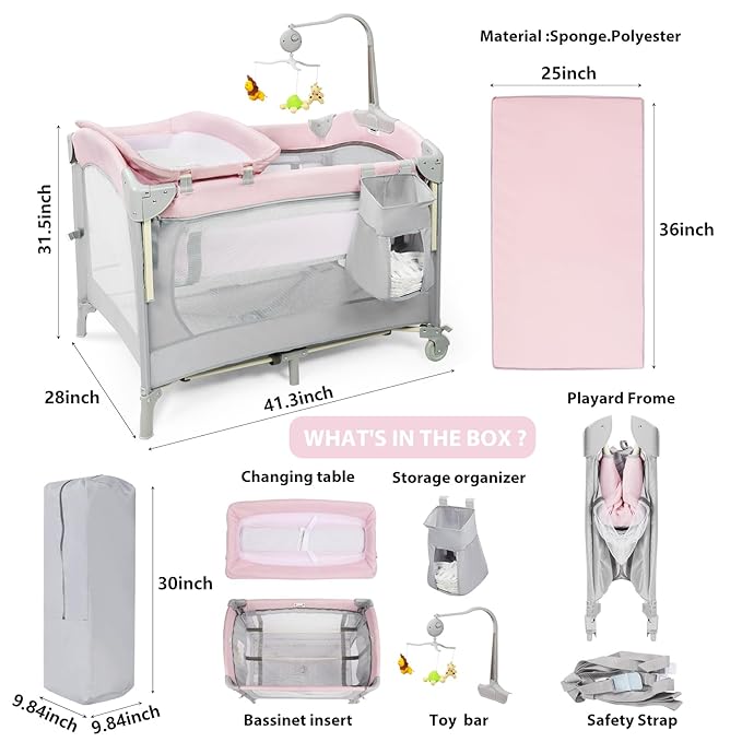 SIMPLGIRL 5-in-1 Baby Bassinet Bedside Crib, Pack and Play Long Next to Bed Crib with Toys & Music Box, Mattress, Foldable Playard, Playpen Travel Bed Nursery Center for Infant Newborn
