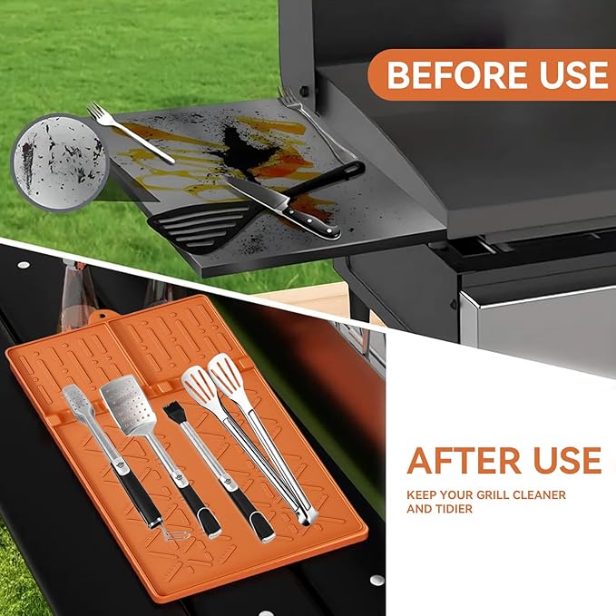 2PCS Silicone Griddle Tools Mat for Ninja FlexFlame, Heat-Resistant Utensil Holder and Drip Pad, Non-Slip BBQ Side Shelf Accessory for Outdoor Grill and Kitchen