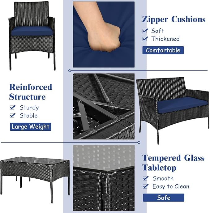 Tangkula 8 Pieces Patio Furniture Set, Outdoor Wicker Conversation Set with Tempered Glass Tabletop, Rattan Sofa and Chairs Set with Off White & Navy Cushion Covers