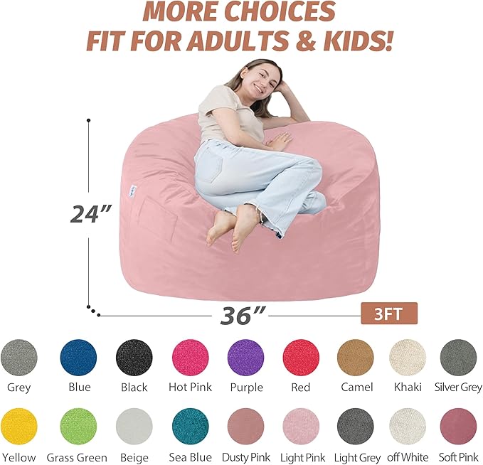 3FT Bean Bag Chair with Ultra Soft Velvet Cover Bean Bag Sofa with Memory Foam Bean Bag Chairs with Large Size Lazy Sofa for Dorm Office Living Room Bedroom Light Pink 3'
