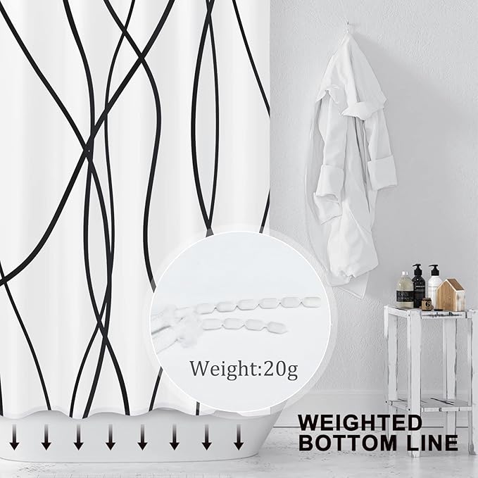 Punkray Black and White Striped Wavy Line Polyester Shower Curtain for Bathroom, Extra Long 84 Inches, Weighted Hem, Waterproof Bath Accessories - Machine Washable