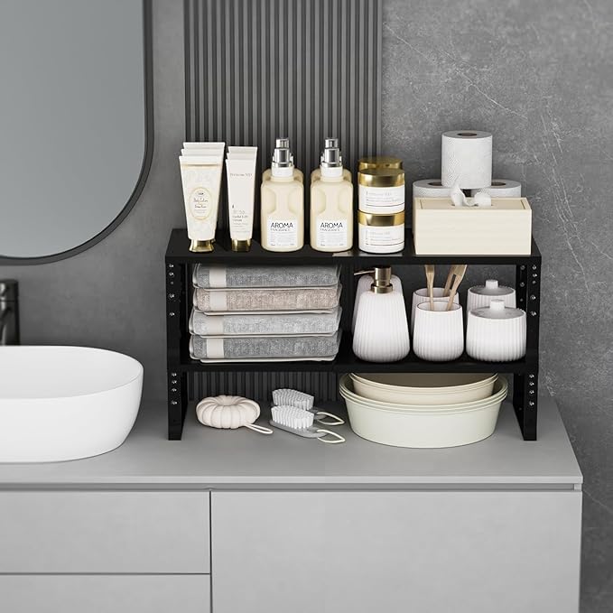 Expandable Spice Rack Organizion for Kitchen Cabinet, Seasoning,Bathroom Organizer Display Shelf, Stackable Multi-Purpose Shelves.Easy-to-Install（2Packs/Black,Medium