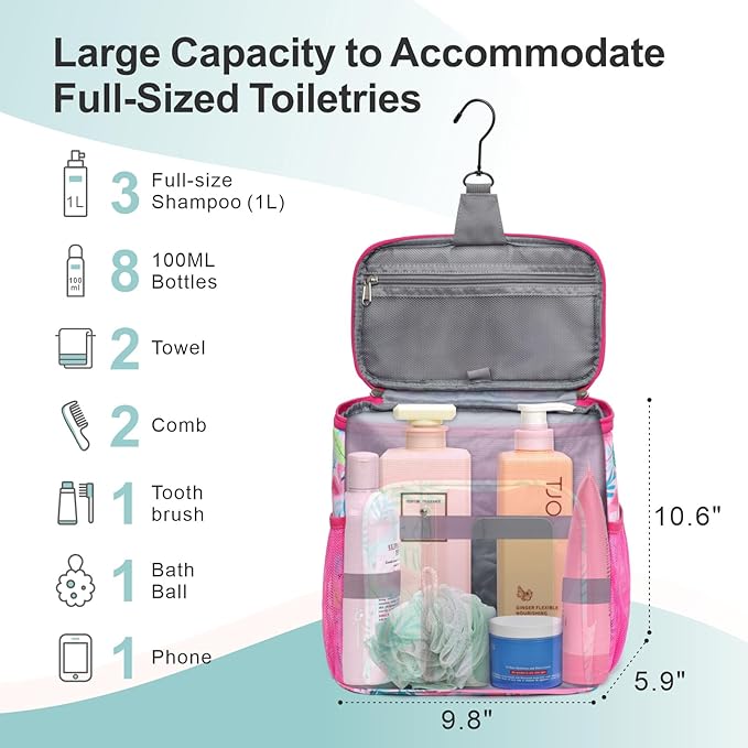 F-color Hanging Shower Caddy Portable - College Dorm Essentials for Guys with Hooks, Quick-Dry Shower Bag for Dorm Travel Gym Camping Essentials, Water-Resistant with Multiple Pockets, Pink Flamingo