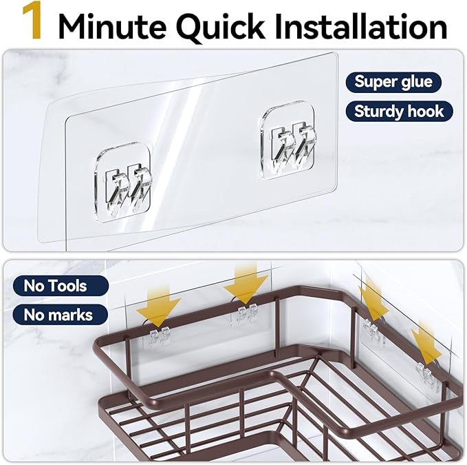 YASONIC Corner Shower Caddy Organizer, 3-Pack Self-Adhesive Rustproof Bath Shelves with Soap Holder & 4 Hooks, Large Capacity Shower Storage Rack for Bathroom Organization - Bronze