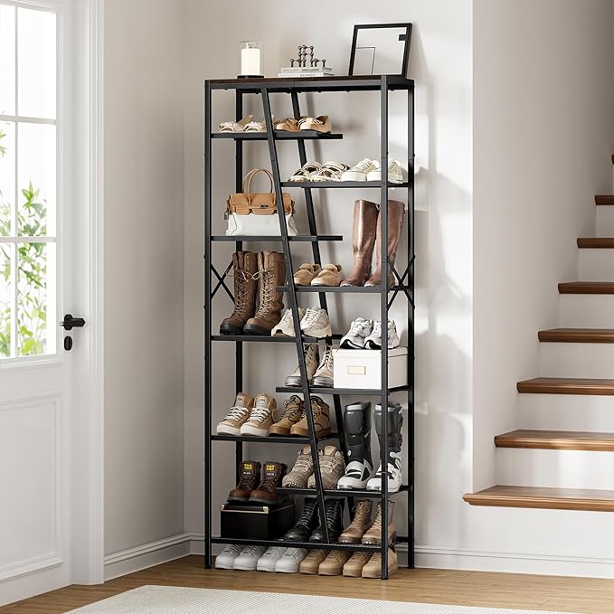 Shoe Rack, 10 Tier Boot Rack, Wooden Storage Organizer for Tall Boots, Large Capacity Metal Shoe Shelf Holds 17-20 Pairs of Shoes, Durable and Stable, for Entryway, Closet, Rustic Brown