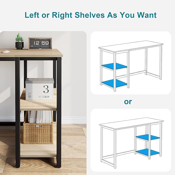 SINPAID Computer Desk 47 inches with 2-Tier Shelves Sturdy Home Office Desks with Large Storage Space Modern Gaming Desk Study Writing Laptop Table, Oak