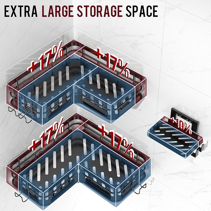 Large Capacity Shower Caddy, Heavy-Duty Adhesive Shower Organizers with Custom Aesthetic Design Soap, No Drilling Corner Shower Shelves, 5 Hooks for Bathroom Accessories - 3 Pack