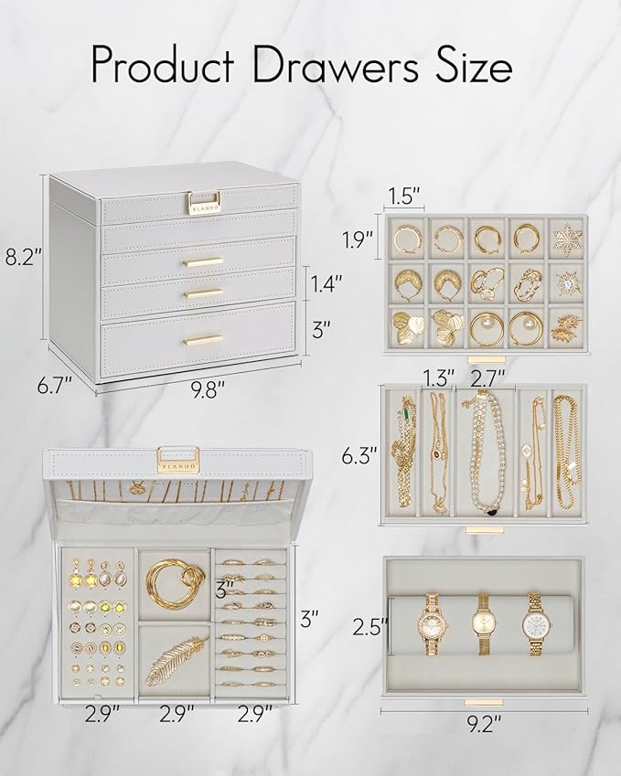 Vlando 4 Layer Large Jewelry Box - Jewelry Holder Organizer, Jewelry Box Organizer for Drawer Necklace Ring Bracelet and Watch, Birthday Gift for Loved Ones - White