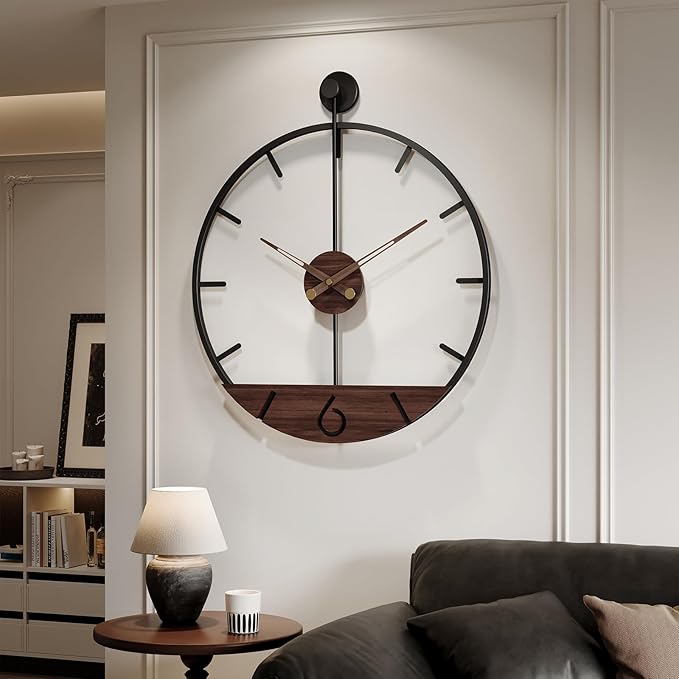 Extra Large Wall Clock 36 Inch Modern Black Metal Clock with Walnut Wood Dial, Silent Non-Ticking Oversized Decorative Battery Powered Big Clock for Living Room, Kitchen, Office, Bedroom