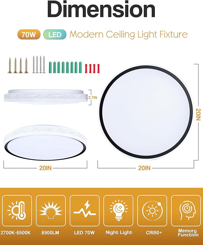 20 Inch Large LED Flush Mount Ceiling Light, 2700K-6500K Dimmable LED Ceiling Light Fixture with Remote, 70W 8900lm Round Modern Ceiling Lamp for Bedroom, Living Room, Hallway (White)