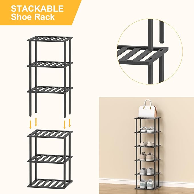 6-Tier Free Standing Shoe Racks, Bamboo Wood Shoe Rack for Entryway & Closet, Beautiful | Natural | Functional | Sturdy Shoe Rack Small Shoe Shelf for Small Spaces and Narrow Spaces Black