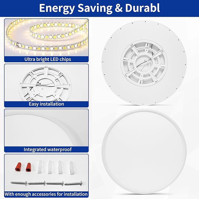 20 Inch Led Flush Mount Ceiling Light Fixture Dimmable with Remote Control, White, Ultra Thin, 48W 4800Lumen, for Bedroom, Living Room, Kitchen, Dining Room, Home Office