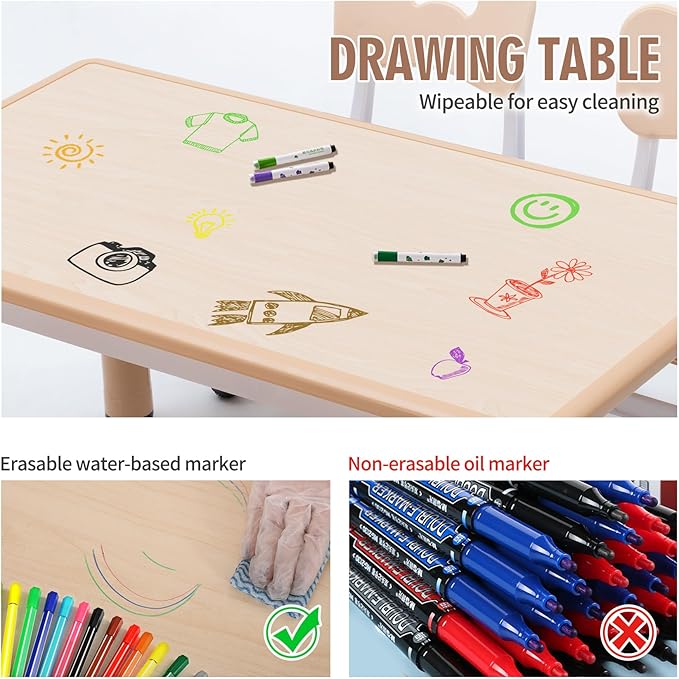 Unicoo Kids Table and Chairs Set, Height Adjustable Multi-Activity Preschool Table with Graffiti Desktop for Ages 2-8 Versatile Kids Tables for Play, Learning, and Creativity(Maple Top/Natural Border)