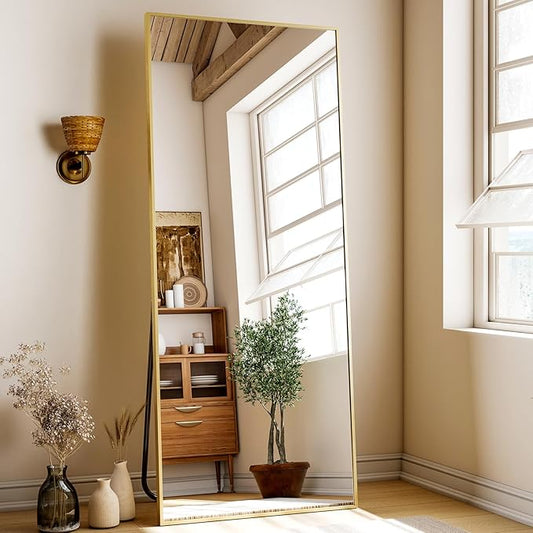 68"x 24" Full Length Mirror with Stand, Large Wall-Mounted or Leaning Floor Mirror with Aluminum Alloy Frame, Rectangular Wall Mirrors for Bedroom, Entryway, and Living Room Decor, Gold