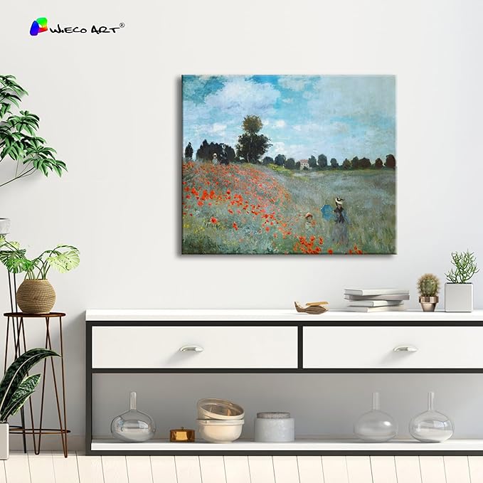 Wieco Art The Poppy Field Near Argenteuil Canvas Prints Wall Art of Claude Monet Famous Oil Paintings Reproduction Classic Landscape Pictures Artwork for Bedroom Decorations