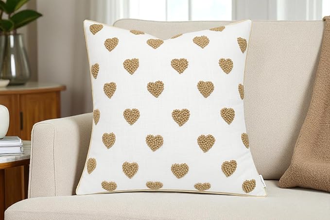 VAGMINE Hand Embroidered French Knotted Hearts Pillow Cover - 18x18 Inches Square - 100% Cotton Off-White Decorative Cushion Cover - Romantic Gift for Couples - Valentine’s Bedroom Décor