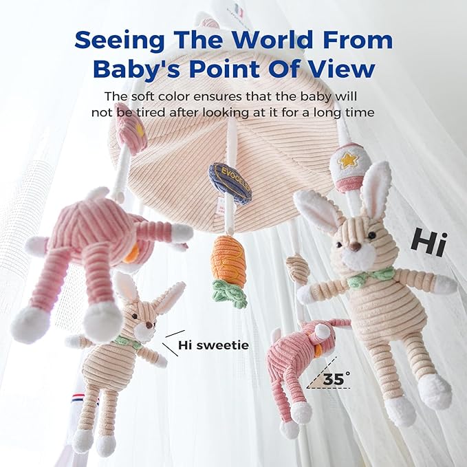Evoceler Crib Mobile, Baby Mobile with 3 Modes Rotating Music Box, 35 Lullabies, Bluetooth, 128MB TF Card & Detachable Teether Bunnies, Quiet Rotating Motor, Sturdy 3-Point Installation, Nursery Decor