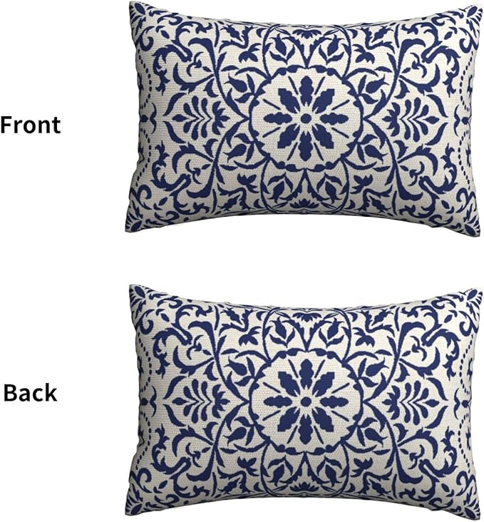 Navy Blue Boho Lumbar Pillow Covers 12x20 Set of 2, Bohemian Ethnic Carpet Pattern Design Decorative Throw Pillows Linen Farmhouse Cushion Pillow Covers for Sofa Couch Outdoor Decor