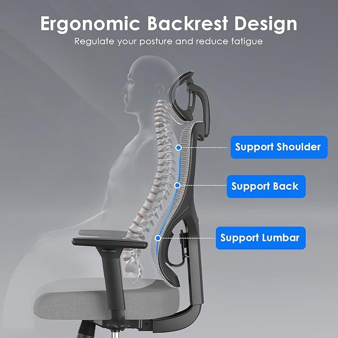 Soohow Ergonomic Office Chair,Mesh Desk Chair with Adjustable Lumbar Support and Headrest,Comfy Computer Chair with 3D Armrest Recling Swivel Chair for Home, Office, Study Room, Black & Grey