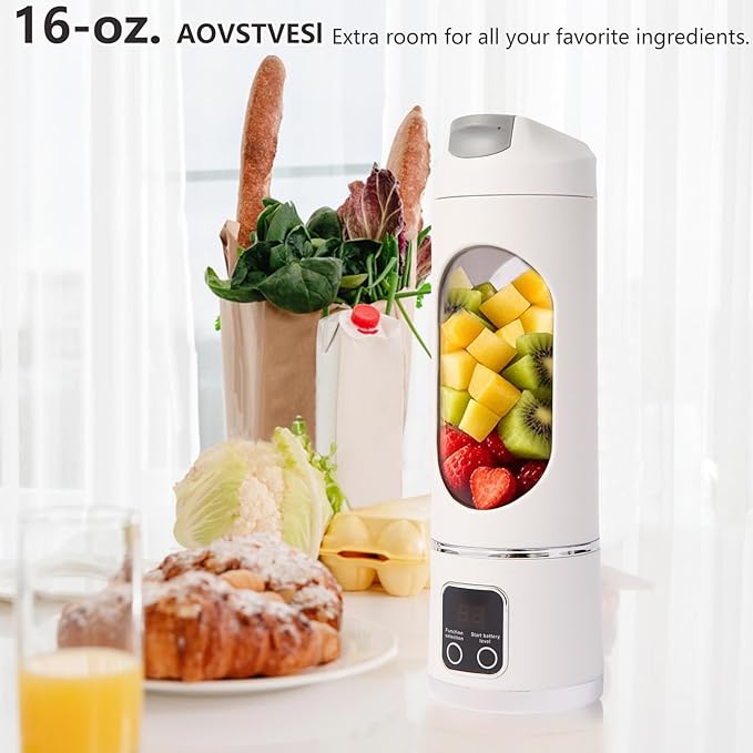 Portable Personal Blender, USB Rechargeable for Smoothie Shakes, with 12 Stainless Steel Blades & 16 Oz/450ML Cup and Extra Handle Lid, for Travel Sports Gym (White)