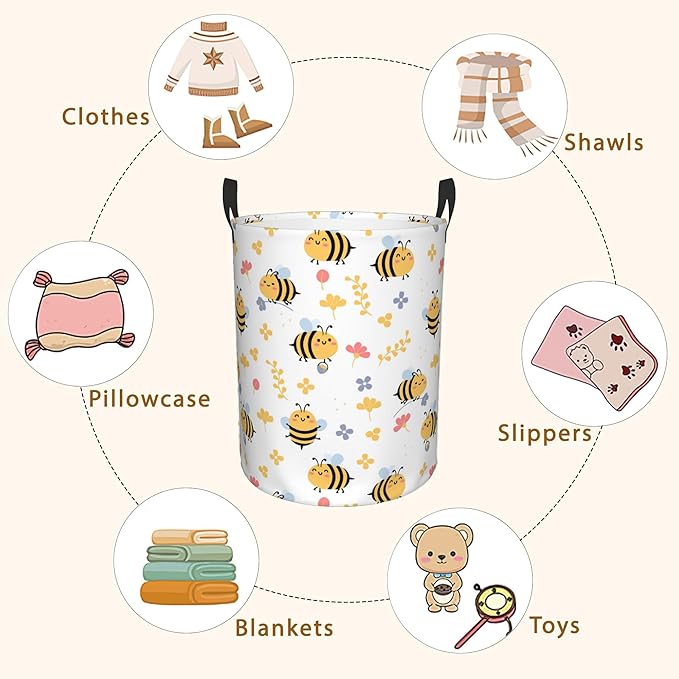 Flying Bees and Flower Laundry Basket,Waterproof Foldable Laundry Hamper,Dirty Clothes Laundry Basket, Linen Bin Storage Organizer for Toy Collection 16" x 20"