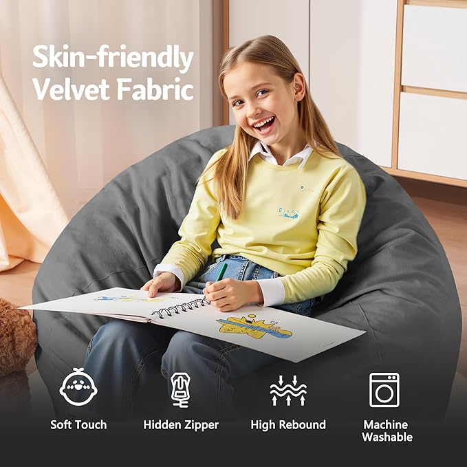 Homguava 2FT Bean Bag Chair: 2' Bean Bags with Memory Foam Filled,Comfy Beanbag Chairs Round Bean Bag Sofa with Dutch Velvet Cover-Grey