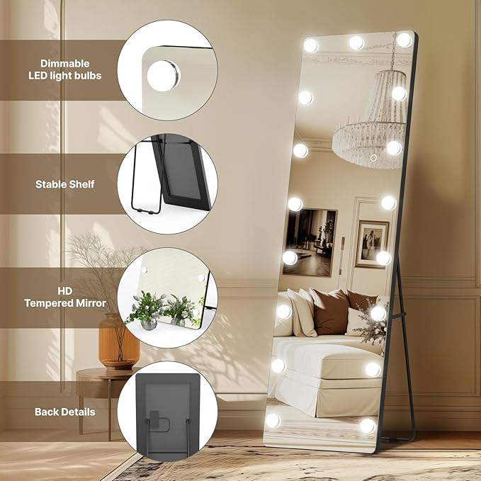 56x18 Hollywood Full Length Mirror with Light, 17 Dimmable Bulbs & 3 Color Smart Touch Control, Distortion Free, Tempered Glass & Shatter Proof Film, Safe Full Body Mirrors with Stand