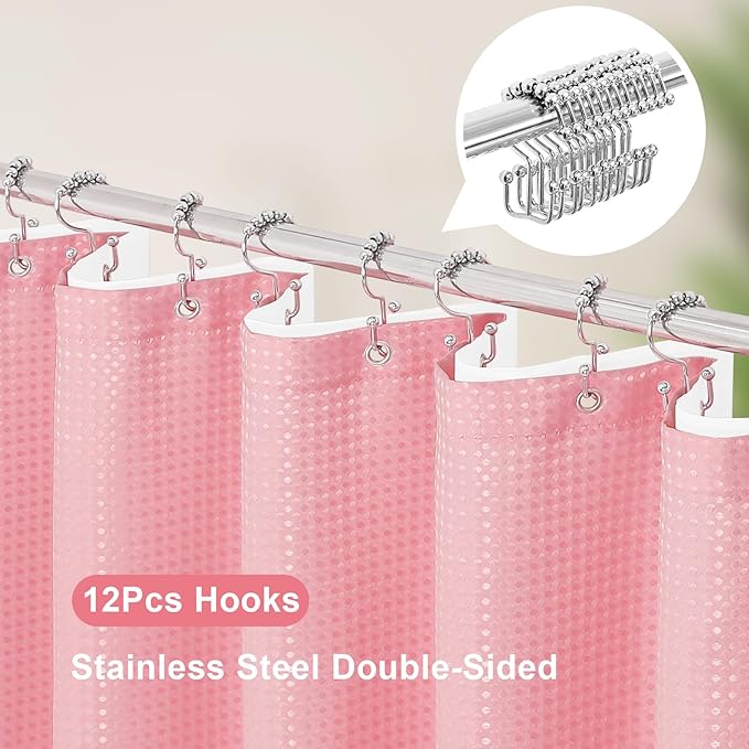 3 in 1 Extra Long Pink Shower Curtain Set-72 W x 84 H, Modern Waffle and PEVA Liner Set with 12 Stainless Steel Hooks, Waterproof Fabric for Bathroom