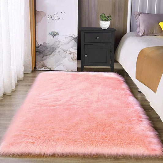 Latepis 3x5 Faux Fur Sheepskin Rug for Living Room, Fuzzy Rugs for Teen Girls Bedroom, Dorm, Luxury Room Decor, Pink Fur Rugs, Rectangle